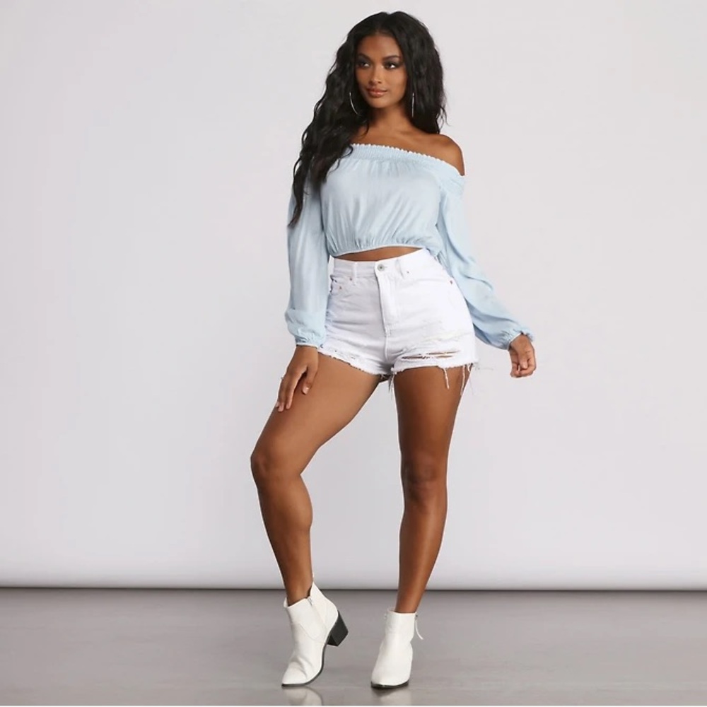 Windsor Baby Blue Off Shoulder Smocked Crop Top | Balloon Sleeves | Size S - Picture 4 of 4